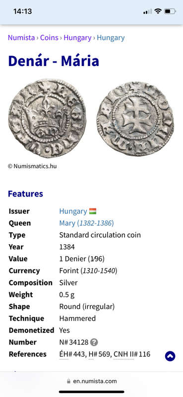 Extremely old Hungarian Denar coin - Year 1384 - Queen Mary (1382 to 1386)