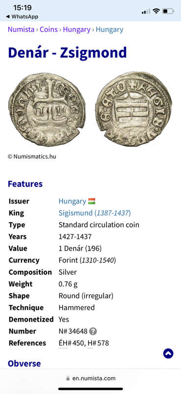 Very old Hungarian Denar coin - 1427 to 1437 - King Sigismund