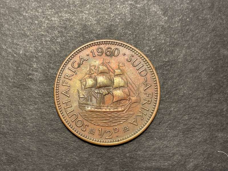 Nice 1960 SA Union 1/2 penny coin - Rainbow toning