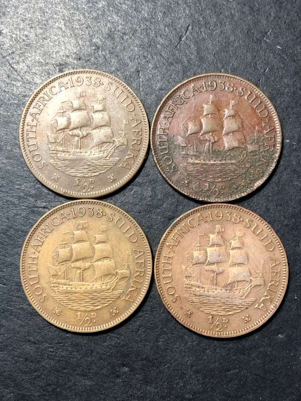 1938 King George VI South African 1/2 penny bronze coin - 3 Available - Lot 1 of 1