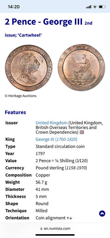 Rare Massive 1797 Cartwheel 2 penny coin - King George III - Weighs 56.7 grams