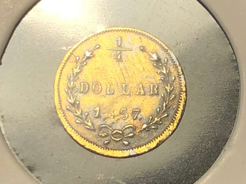 Very scarce American 1867 GOLD 1/4 dollar coin - California Fractional Gold issue BG-825