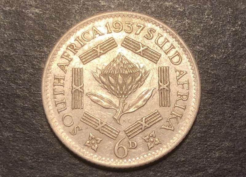 Excellent 1937 SA Silver 6 pence coin in AU - Catalogue value in UNC is R7,000 & in EF is R3,500