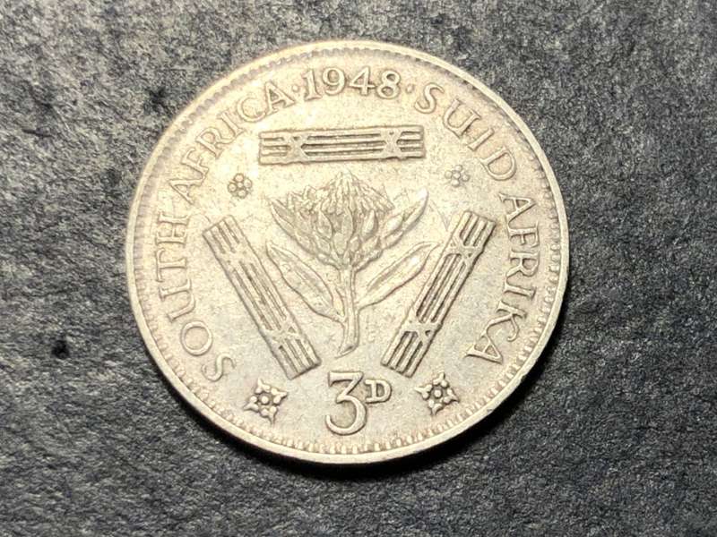 SILVER 1948 King George VI South African 3 pence (Tickey) coin
