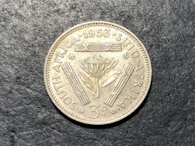SILVER 1953 Queen Elizabeth II South African 3 pence (tickey) coin