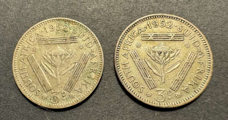 1952 SA Silver 3 pence coins - 2 available
