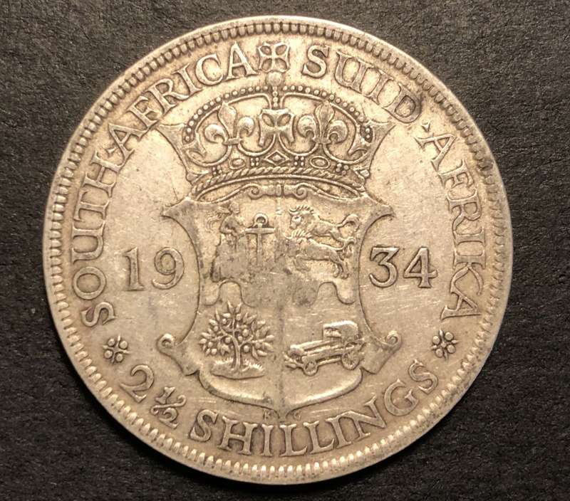 Scarce 1934 SA Union 2 ½ shillings (half crown) silver coin