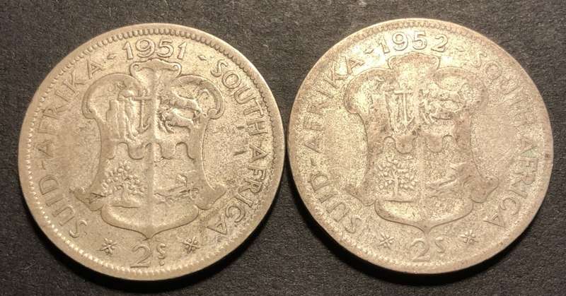 Lot of 2 SA Union 2 shilling (florin) silver coins dating 1951 & 1952