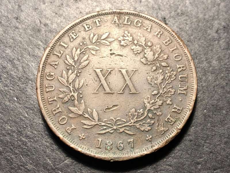 Very nice Large Crown-sized 1867 Portuguese 20 reis copper coin - Lower mintage