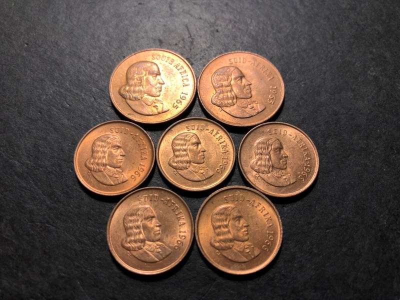 Lot of 7 High grade 1965 and 1966 Bronze South African 1 cent and 2 cents coins