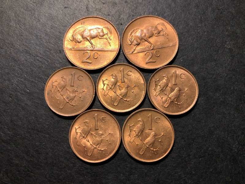 Lot of 7 High grade 1965 and 1966 Bronze South African 1 cent and 2 cents coins