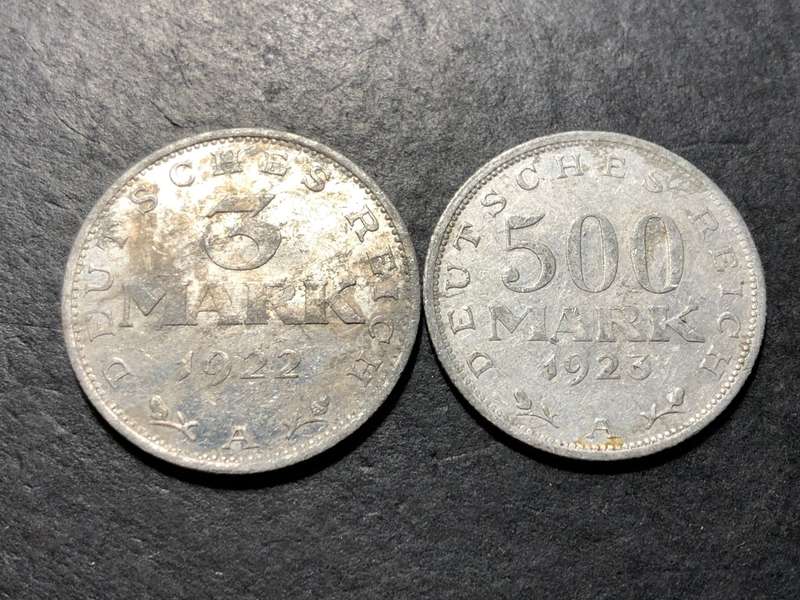 Post WWI German Hyperinflation coinage - 1922 Three marks & 1923 Five hundred marks coins