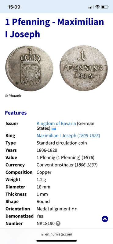 Very old 1810 Bavarian (German states) 1 pfenning coin - As per photo