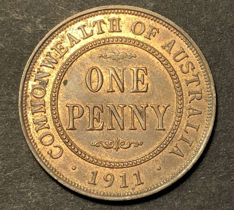 Brilliant AU+/UNC 1911 Australian 1 Penny coin - First year of issue - High Catalogue value