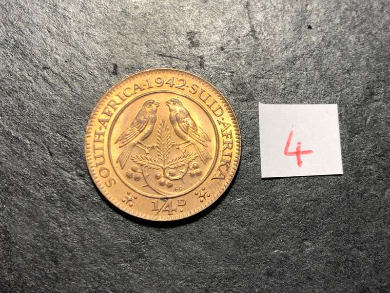 Excellent AU+/UNC 1942 Bronze 1/4 penny coin - Red colour variety - Lot 4 of 6
