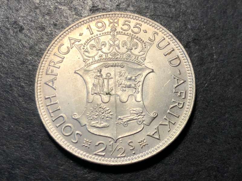 Gem Uncirculated 1955 Union of South Africa 2 1/2 shilling silver coin