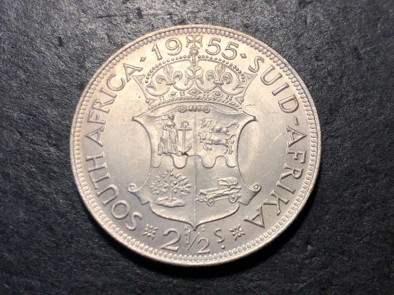 Gem Uncirculated 1955 Union of South Africa 2 1/2 shilling silver coin