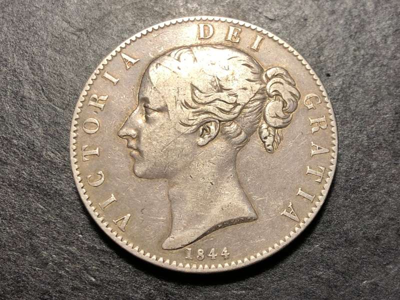 Scarce 1844 British Silver 5 shillings (crown) coin - Queen Victoria