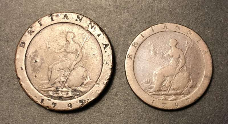 Rare 1797 Copper Cartwheel 1 & 2 penny coins - King George III