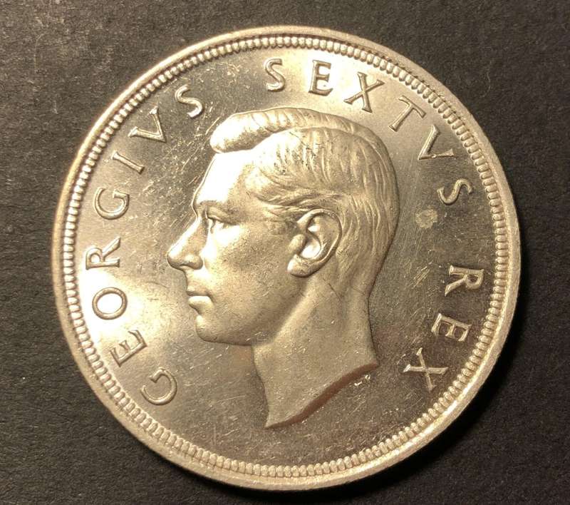 Very nice Prooflike 1951 SA Union silver 5 shillings (crown) coin