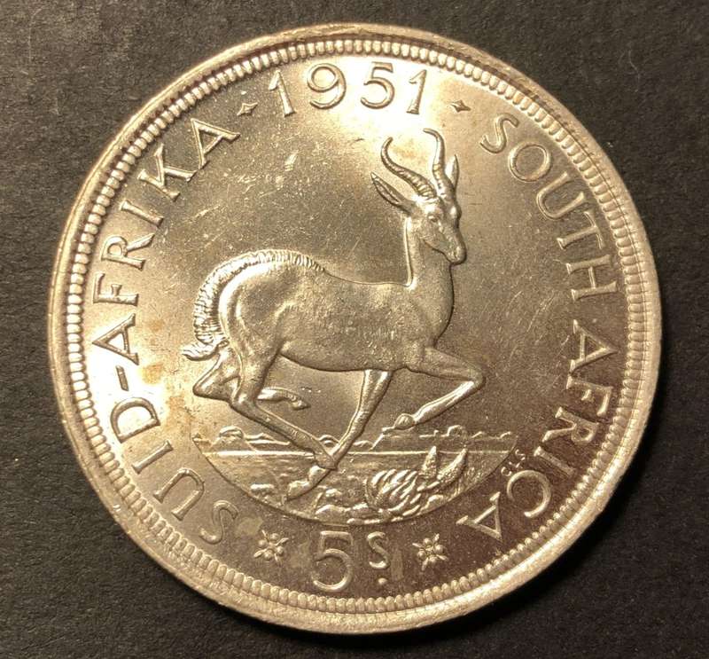 Very nice Prooflike 1951 SA Union silver 5 shillings (crown) coin