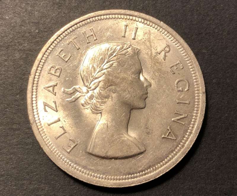 Very nice AU+ 1957 SA Union silver 5 shillings (crown) coin