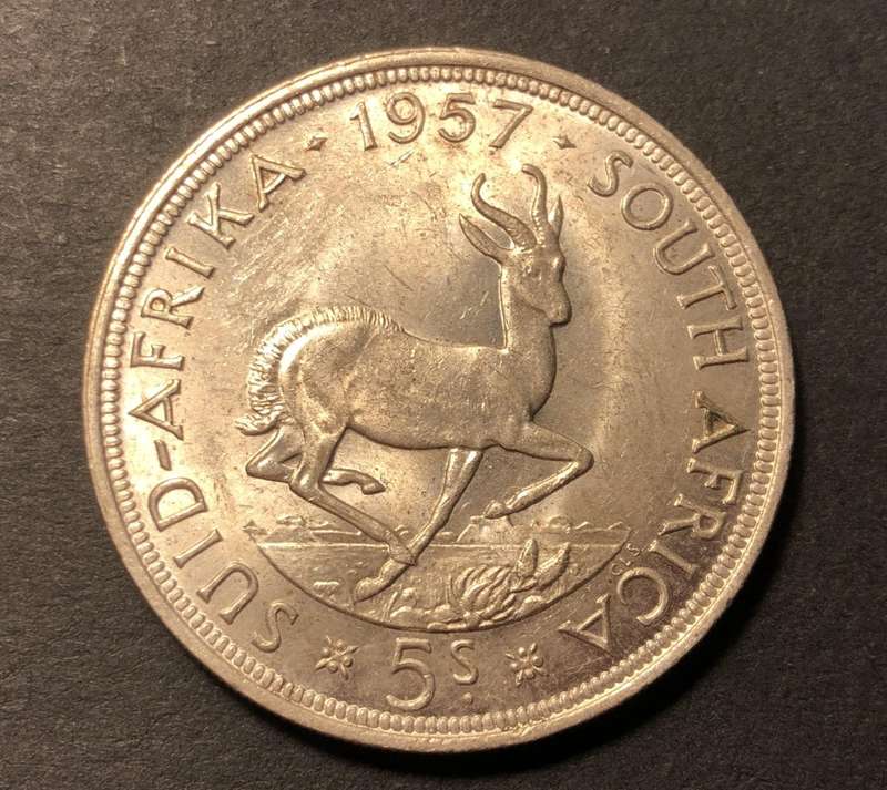 Very nice AU+ 1957 SA Union silver 5 shillings (crown) coin