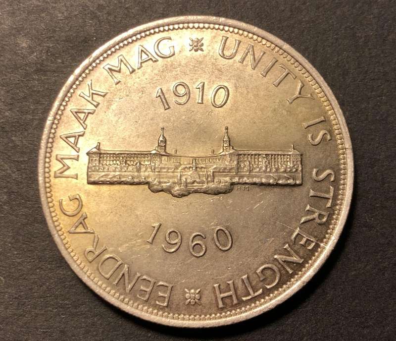 Very nice Gem UNC 1960 SA Union silver 5 shillings (crown) coin - Lightly toned