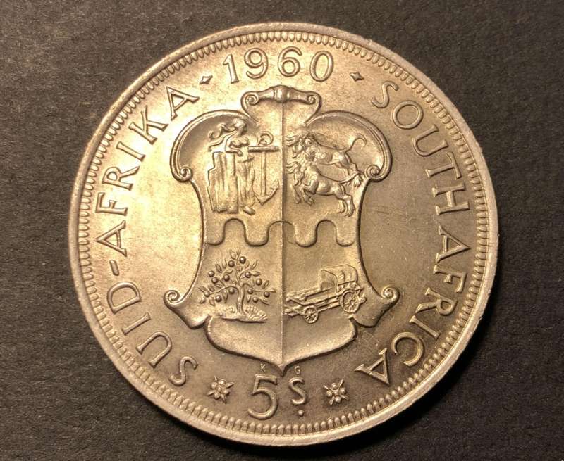 Very nice Gem UNC 1960 SA Union silver 5 shillings (crown) coin - Lightly toned