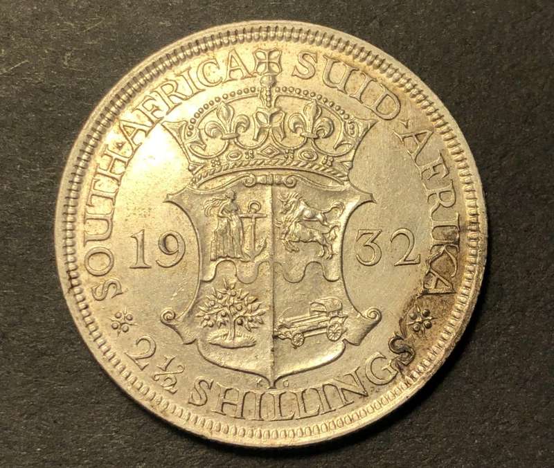 Scarce 1932 SA Union silver 2 ½ shillings (half crown) with great details but unfortunately cleaned