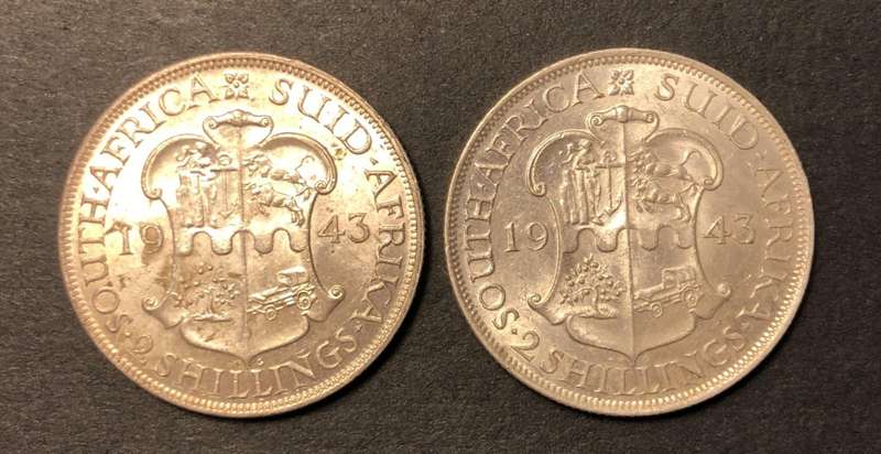 Nice a/UNC 1943 SA Union silver 2 shilling (florin) coin