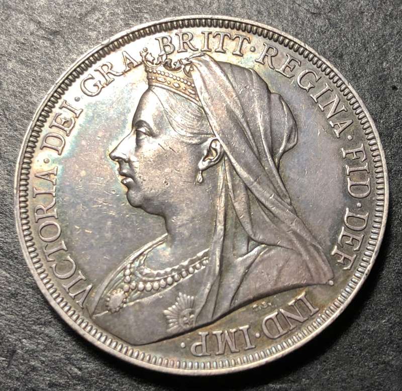 Top quality 1895 Silver British crown coin with excellent toning and surfaces - Queen Victoria