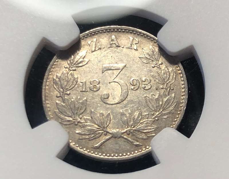 Scarce 1893 ZAR silver tickey - NGC graded AU55!
