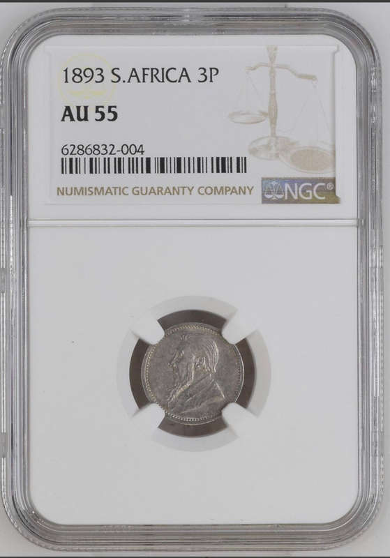Scarce 1893 ZAR silver tickey - NGC graded AU55!