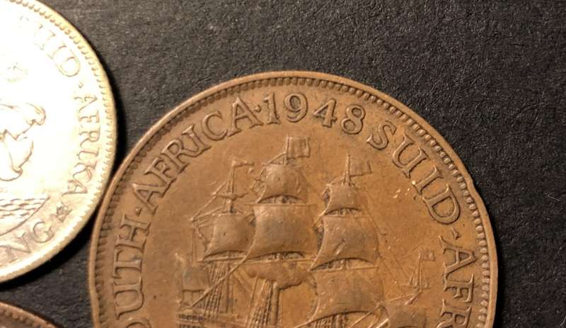 RARE 1938 'No-dot-after-date' SA Union silver shilling coin + 3 NDAD pennies (1940, 1942, & 1948)