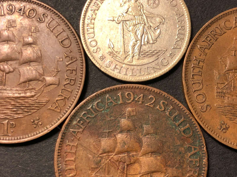 RARE 1938 'No-dot-after-date' SA Union silver shilling coin + 3 NDAD pennies (1940, 1942, & 1948)