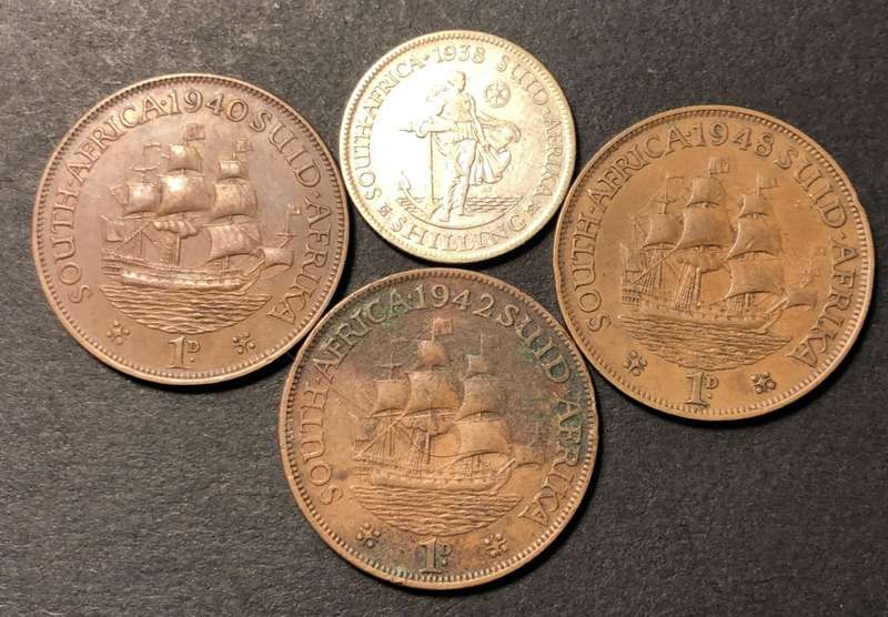 RARE 1938 'No-dot-after-date' SA Union silver shilling coin + 3 NDAD pennies (1940, 1942, & 1948)