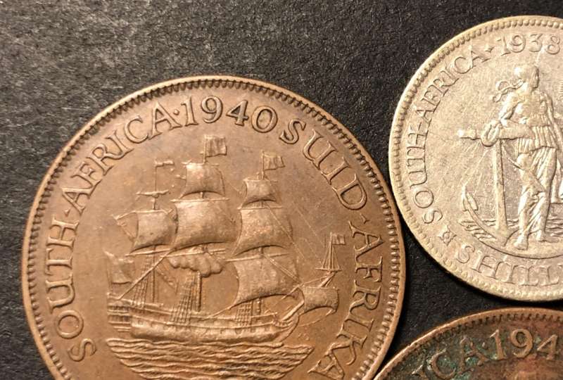 RARE 1938 'No-dot-after-date' SA Union silver shilling coin + 3 NDAD pennies (1940, 1942, & 1948)