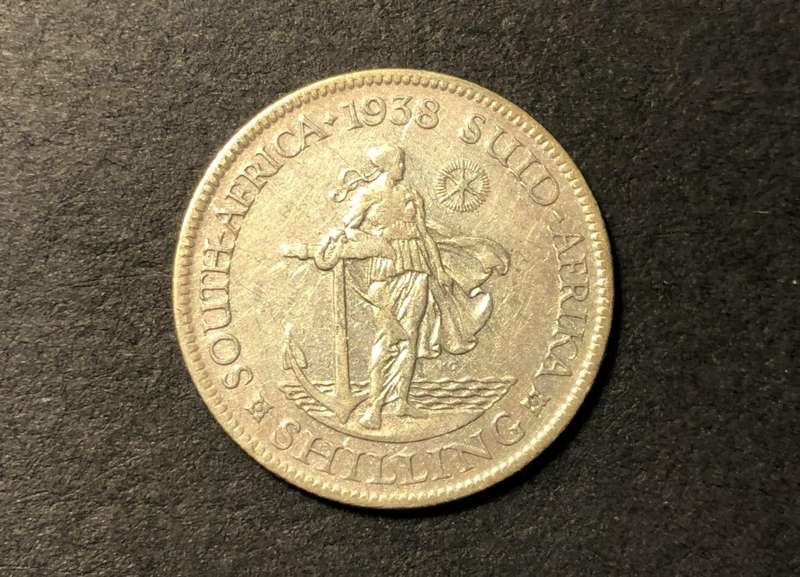 RARE 1938 'No-dot-after-date' SA Union silver shilling coin + 3 NDAD pennies (1940, 1942, & 1948)