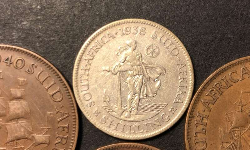 RARE 1938 'No-dot-after-date' SA Union silver shilling coin + 3 NDAD pennies (1940, 1942, & 1948)