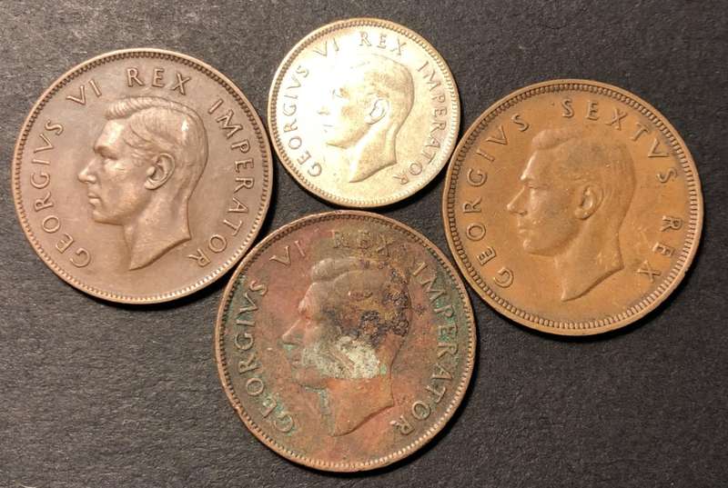 RARE 1938 'No-dot-after-date' SA Union silver shilling coin + 3 NDAD pennies (1940, 1942, & 1948)