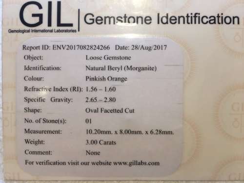 3.0 CARATS *GIL CERTIFIED*TOP CLASS!!EXQUISITE NATURAL MORGANITE VIVID SALMON PEACH OVAL CUT!!