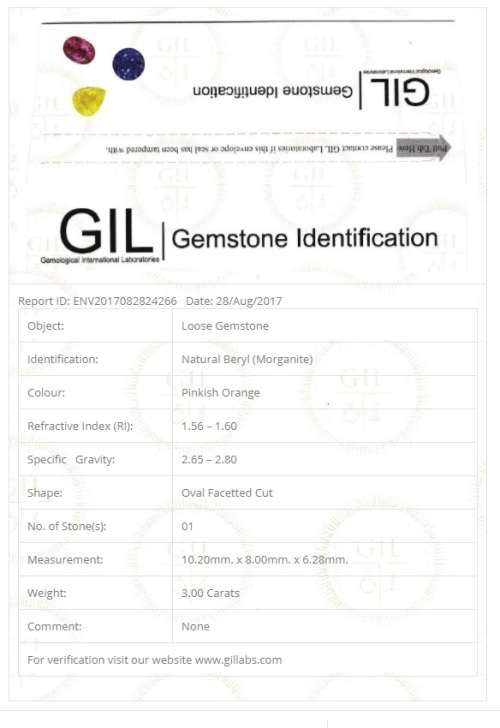 3.0 CARATS *GIL CERTIFIED*TOP CLASS!!EXQUISITE NATURAL MORGANITE VIVID SALMON PEACH OVAL CUT!!
