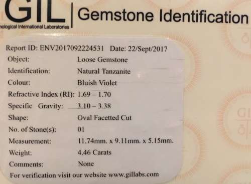 4.46 CT GIL CERTIFIED TANZANITE NATURAL GEMSTONE OVAL SHAPE INTENSE BLUISH VIOLET - PHENOMENAL