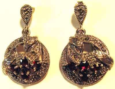 Sterling Silver, Garnets & Marcasite Earrings.