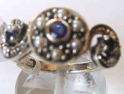 Lovely -Sterling Silver Seed Pearls and Blue Sapphires  Ring