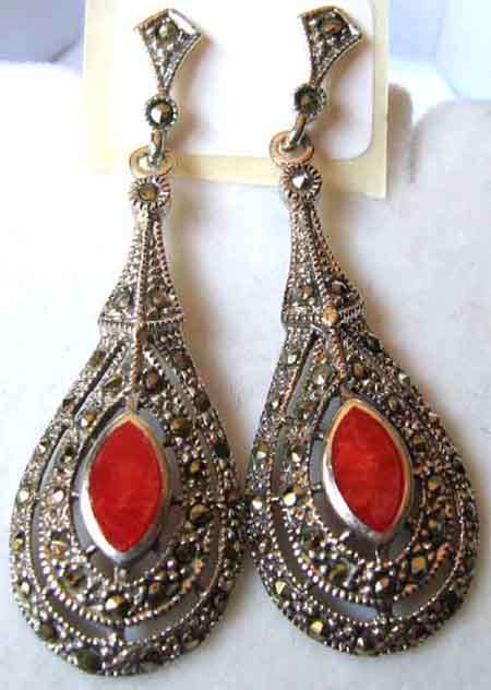 Sterling Silver , Marcasite and Red Coral Earrings