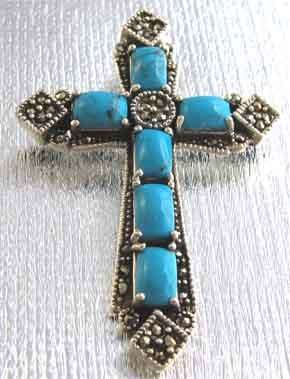 Antique Style 925 -Sterling Silver, Marcasite  & Turquoise Cross /  Pendant.