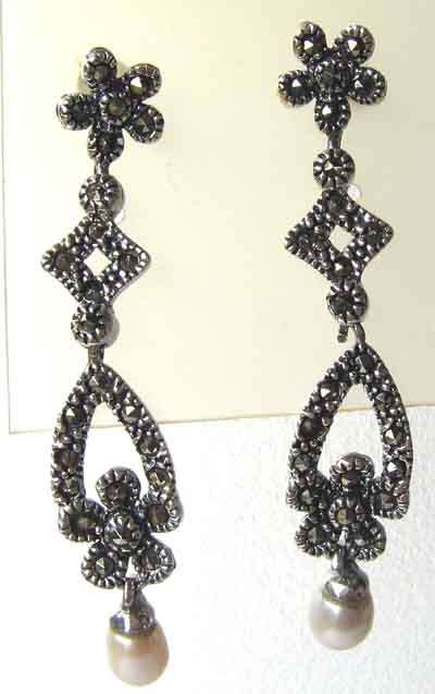 Beautiful 925 Sterling Silver , Marcasite and Pearls Earrings
