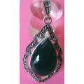 Beautiful 925 Sterling Silver , Marcasite and Green Agate Pendant